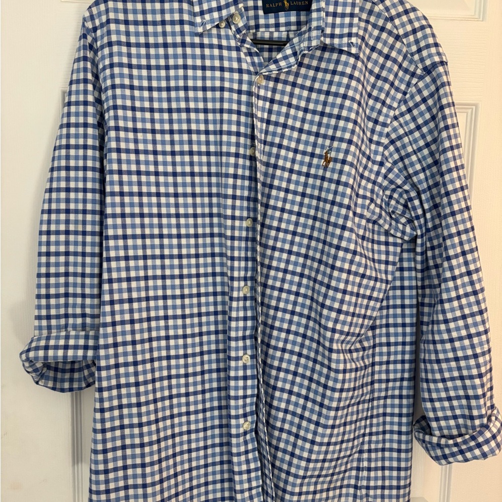 Ralph Lauren Blue and White Checkered Casual Button Down Shirt